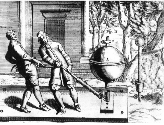 Un grabado en cobre de 1672 representa un intento de crear un vacío en una esfera hueca de cobre.